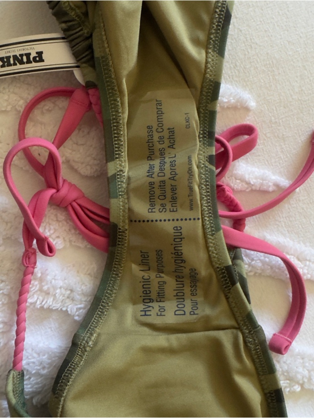 PINK Victoria's Secret Green Camo Bandeau Bikini with Pink Tie Sides - Picture 6 of 6